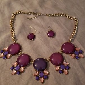 Purple, magenta statement necklace and earring set